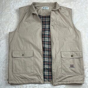 Tan Utility Vest with Plaid Lining and Zipper Closure